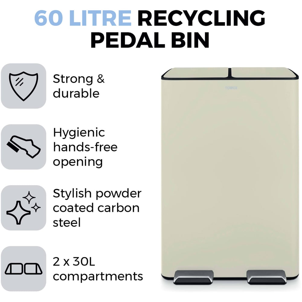 Tower Double Recycling Cream Pedal Bin 60L Image 6