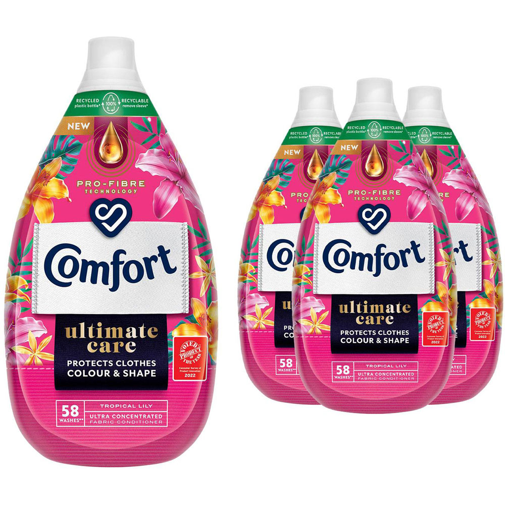 Comfort Ultimate Care Tropical Lily Ultra Concentrated Fabric Conditioner 58 Washes 870ml 4 Pack Image 1