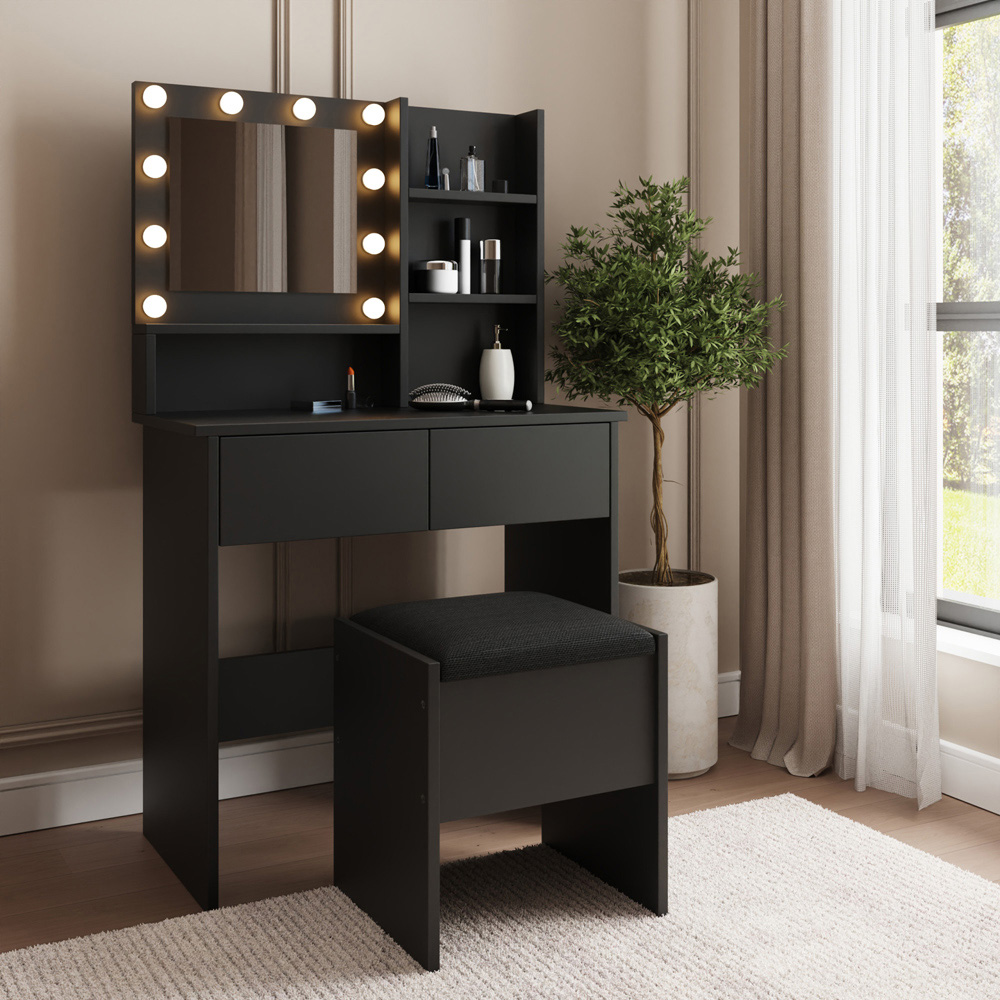 GFW Eva 2 Drawer 4 Shelf Black LED Mirror Dressing Table with Stool Image 8