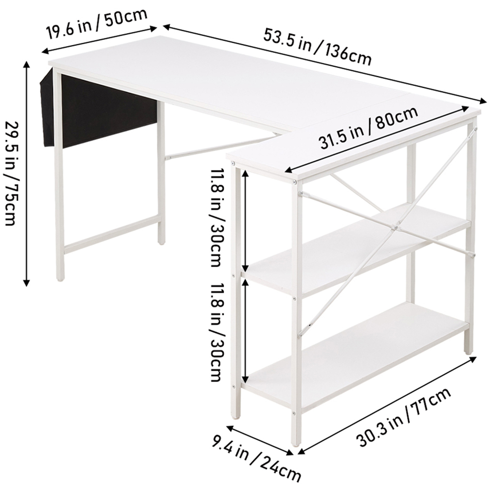 Living and Home 2 Shelf White L-Shaped Office Desk with Storage Bag Image 9