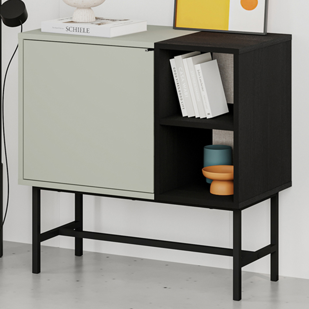 Decortie Mona Single Door 2 Shelf Ash Green and Black Wood Mini Console Table Image 1