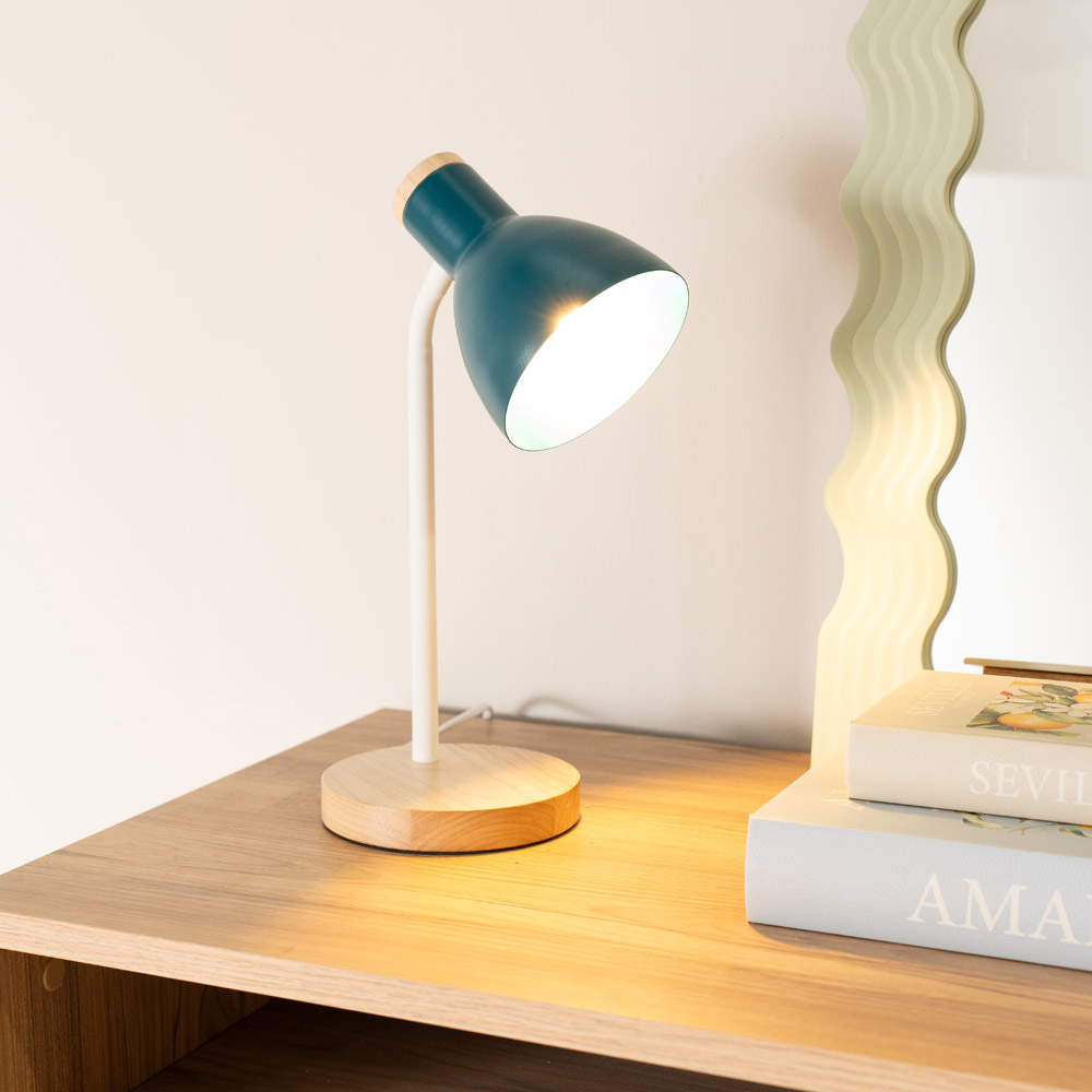 ValueLights Woody Teal Metal Dome Shade Wooden LED Desk Lamp Image 2