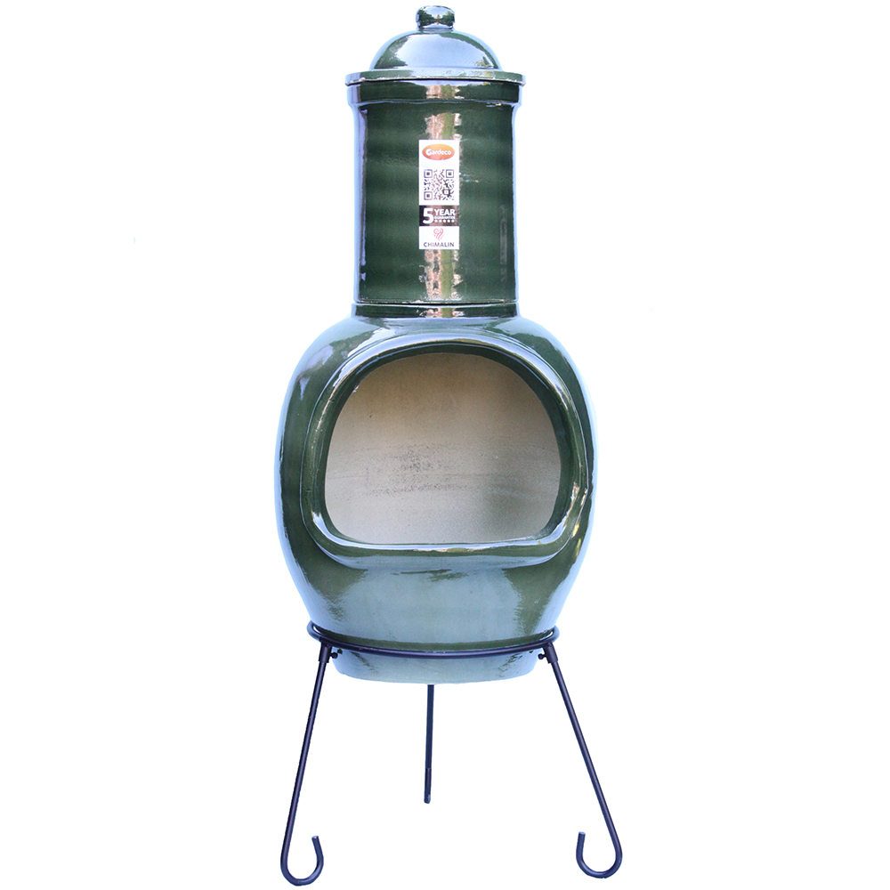 Gardeco Asteria Glazed Green Chimalin Advanced Fire Clay Chimenea XL with Lid and Stand Image 3
