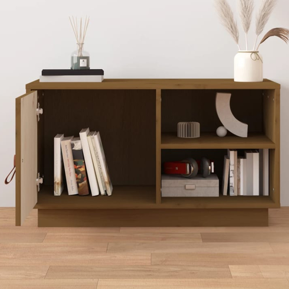 vidaXL Single Door 2 Open Shelf Honey Brown Solid Wood Pine TV Cabinet Image 1
