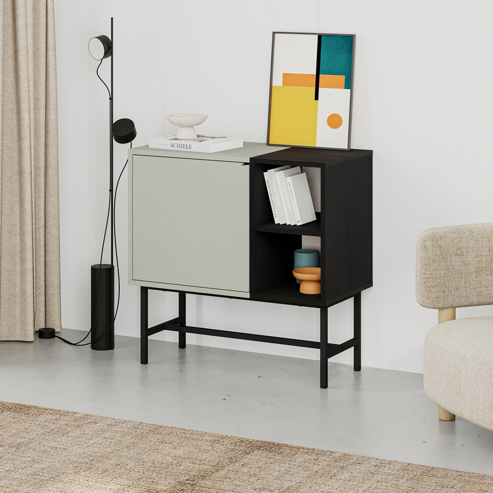 Decortie Mona Single Door 2 Shelf Ash Green and Black Wood Mini Console Table Image 5