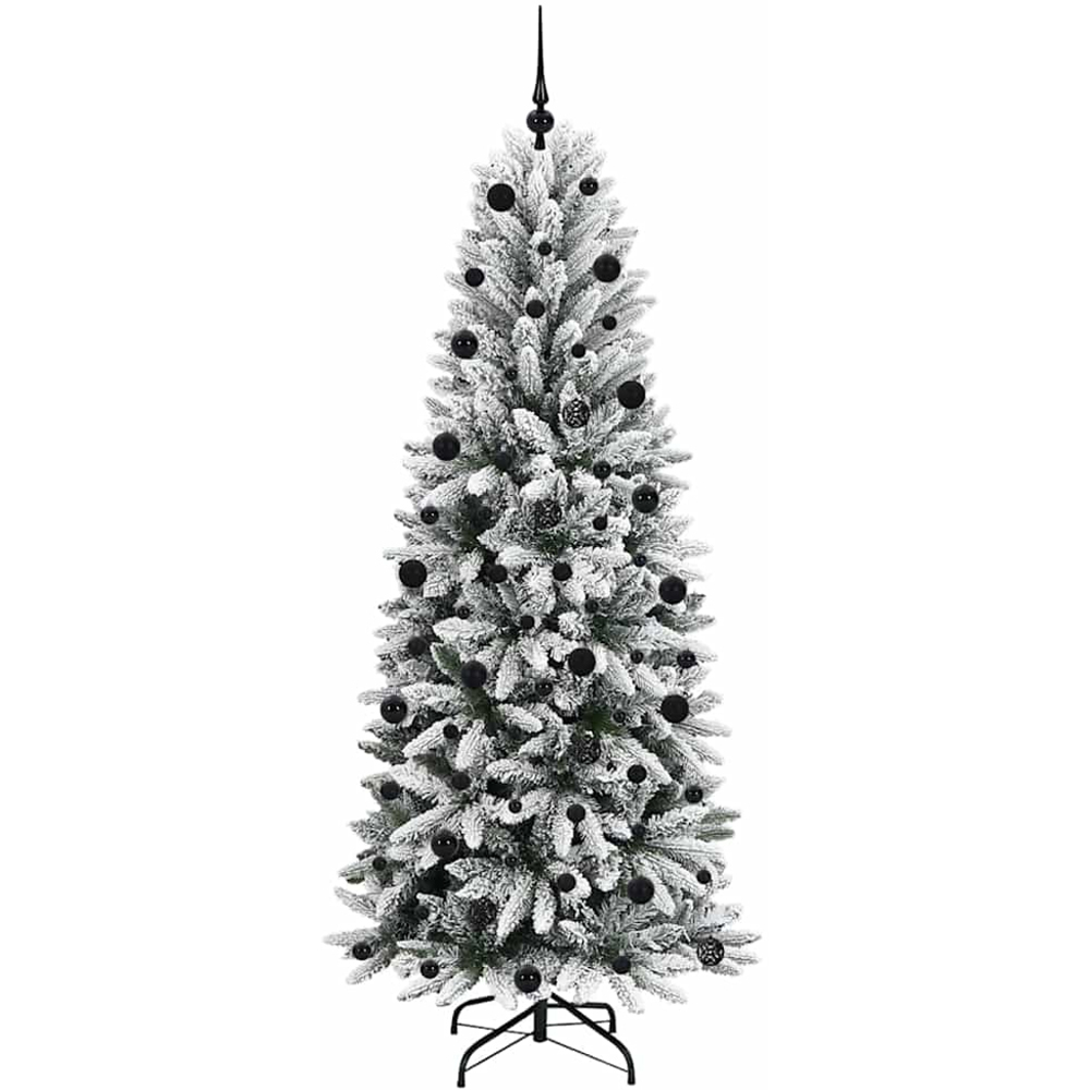 vidaXL Pre-Lit Black Baubles Artificial Snow Flocked Christmas Tree 7ft Image 4