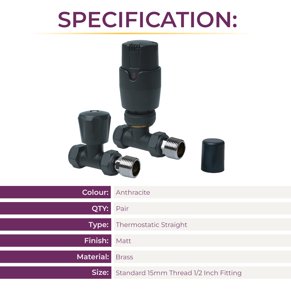 Go Bathrooms Anthracite Straight Thermostatic Radiator Valve 15mm 2 Pack Image 6