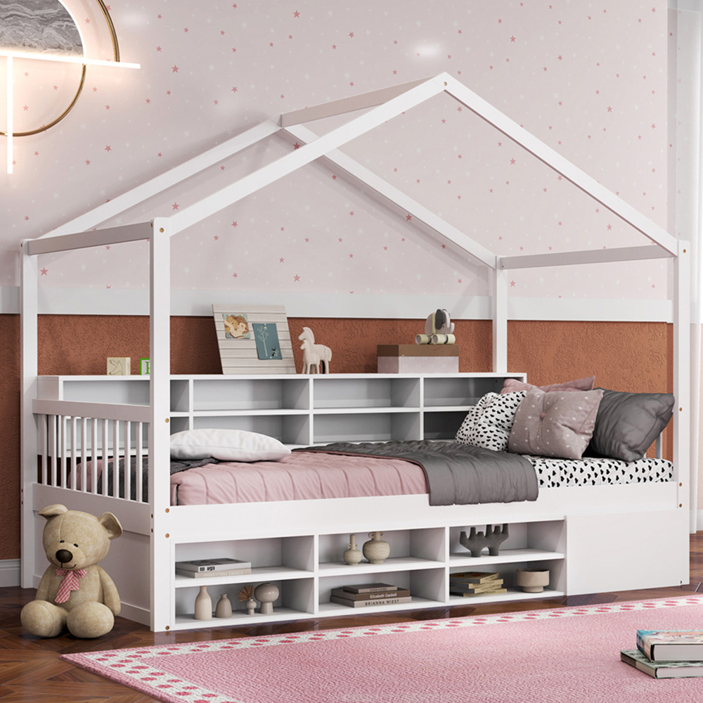 Costway Single White House Bed with Roof Image 1