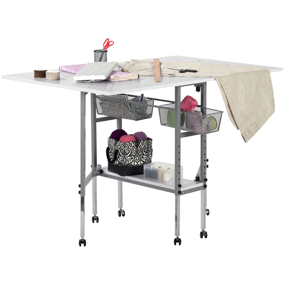 Sewing Online 13386 Silver and White Height Adjustable Fabric Cutting Table with Grid and Storage Image 2