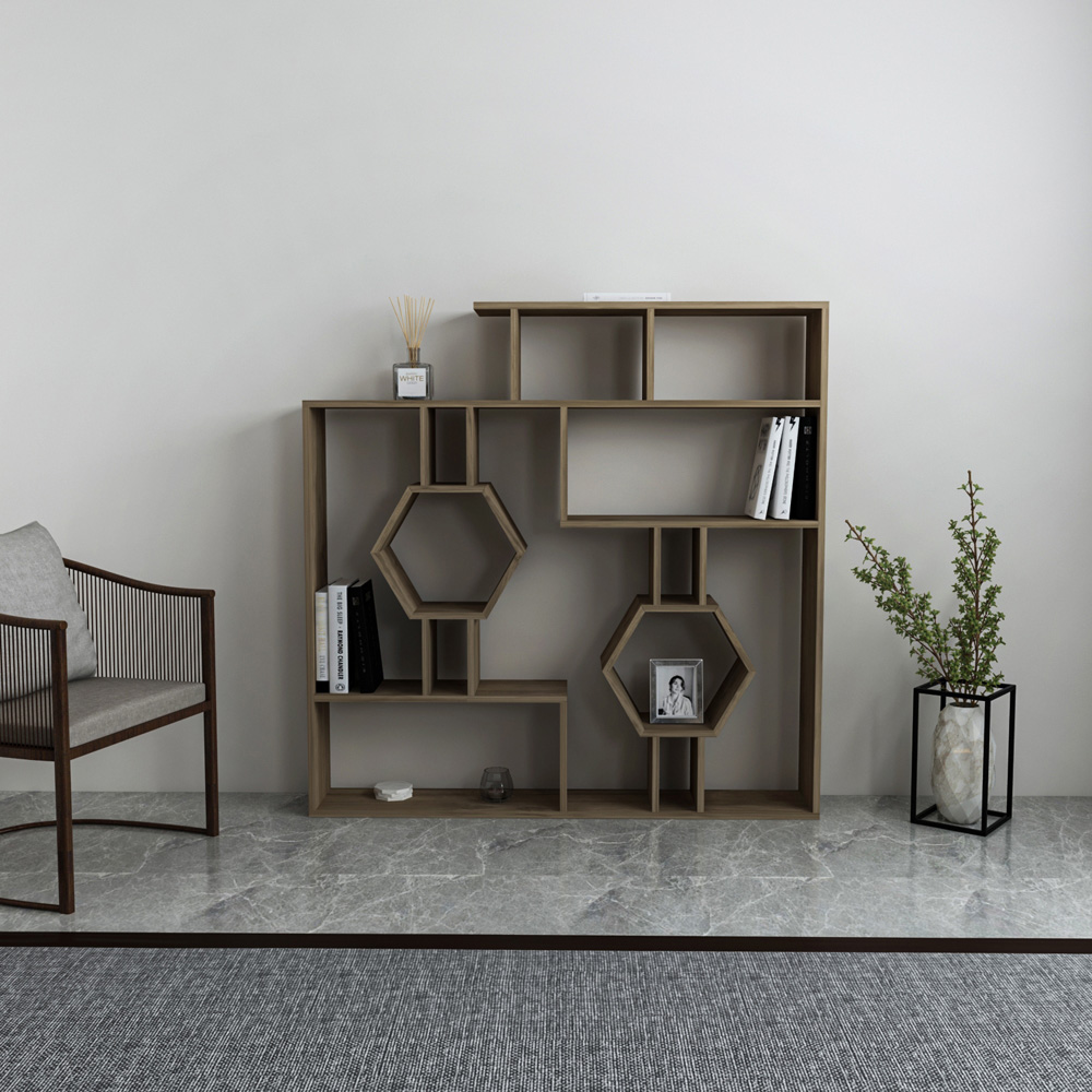 Decorotika Tamara Walnut Geometric Unique Bookshelf Image 4