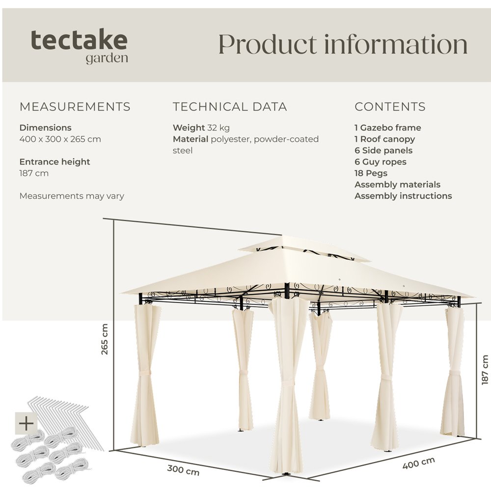 tectake Emine 4 x 3m Cream Double Roof Water-Repellent Gazebo with 6 Side Panel Image 9