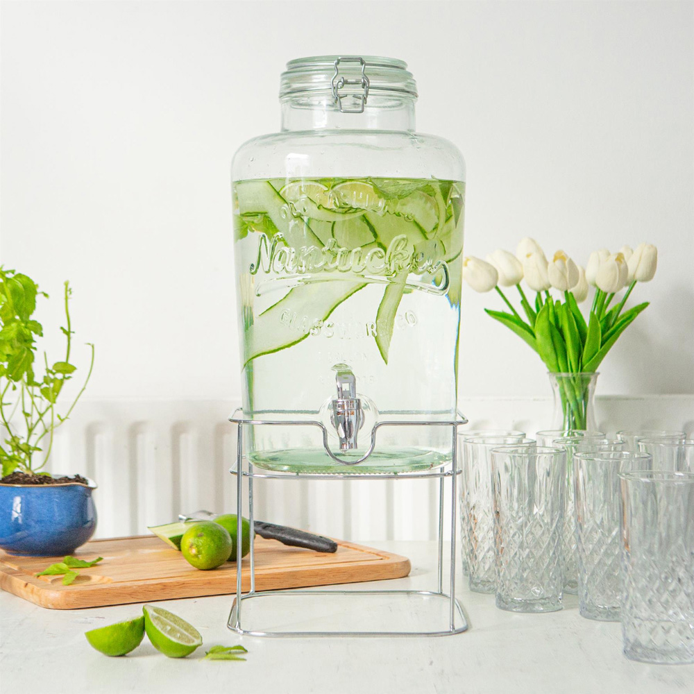 Rink Drink Clear Glass Drink Dispenser with Tap and Silver Metal Stand 8.7L 2 Pack Image 2