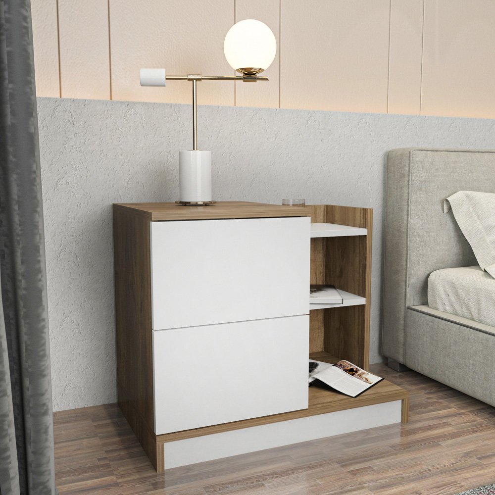 Decorotika Rena 2 Door 3 Shelf White and Walnut Bedside Table Image 5