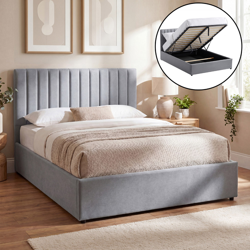 VIDA DESIGNS Vellaro Double Light Grey Linen Fabric Ottoman Bed with Headboard and Mattress Image 5