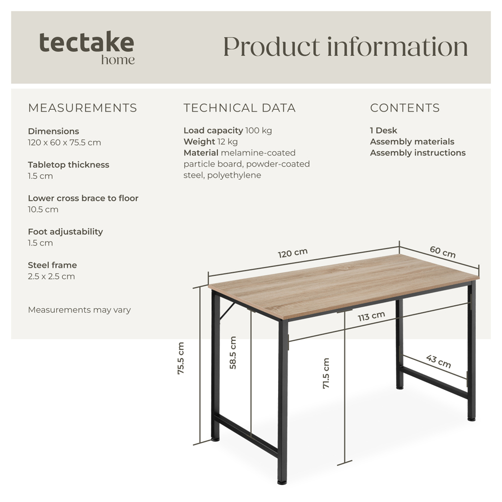 Tectake Jenkins Industrial Wood Study Desk Oak Sonoma 120cm Image 8