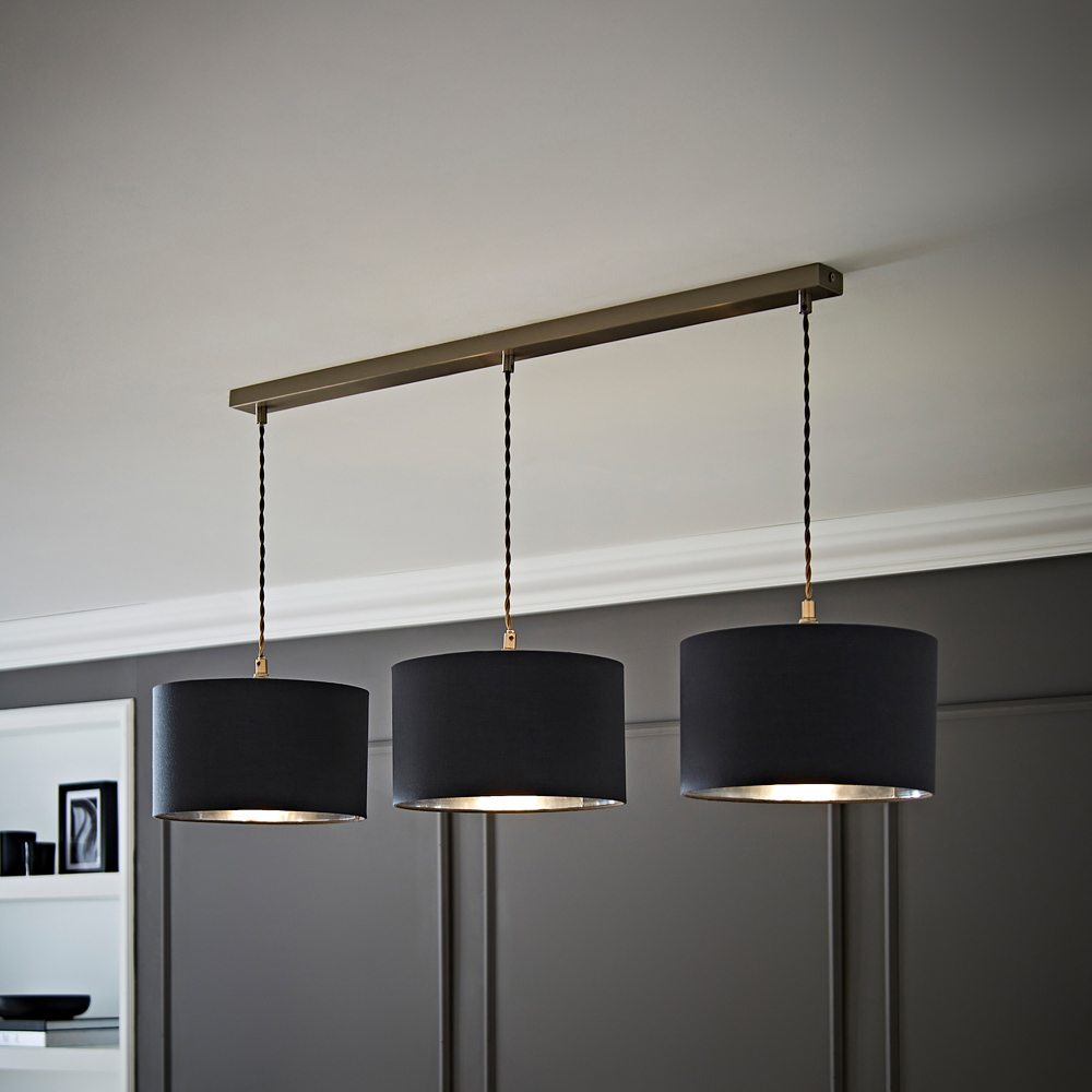 ValueLights Reni Charcoal Chrome Drum Shade 3 Drop Bar Chrome Diner LED Ceiling Pendant Light Image 2