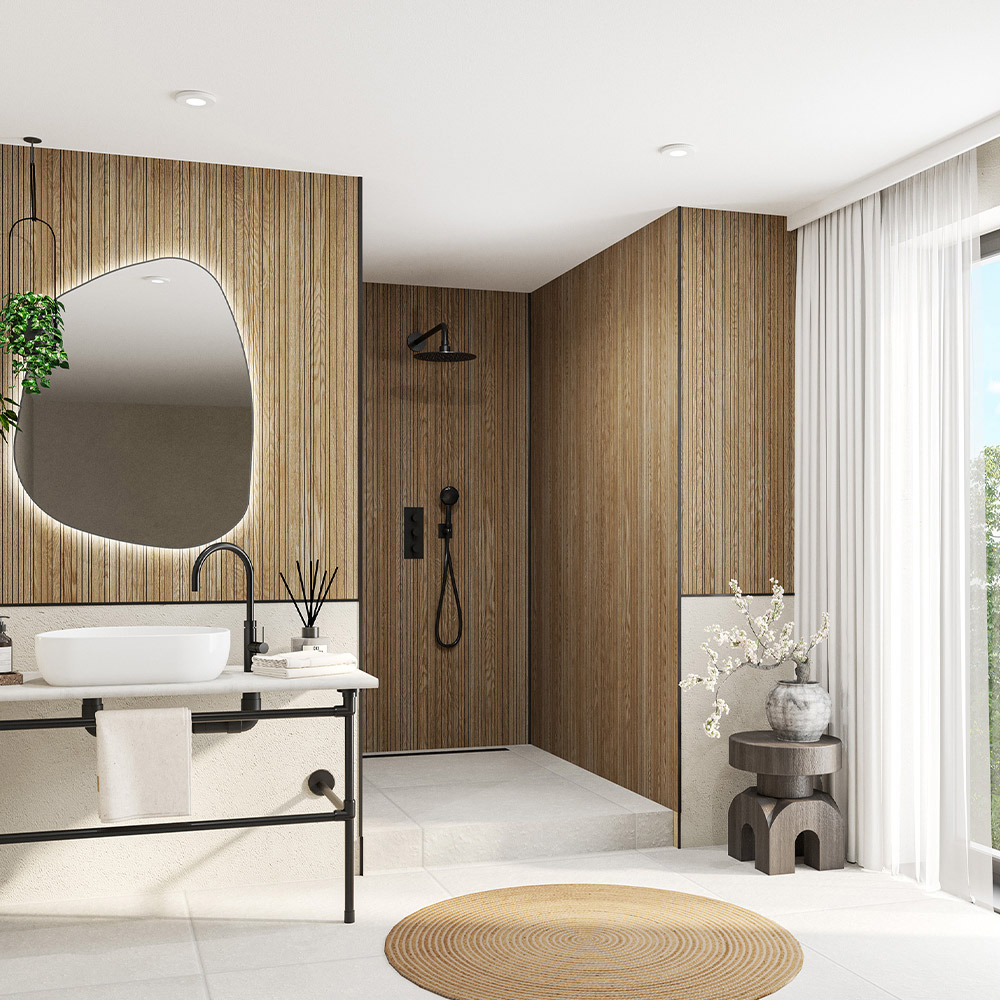 Wetwall Alloy Linear Oak Shower Wall Panel 600mm Image 1
