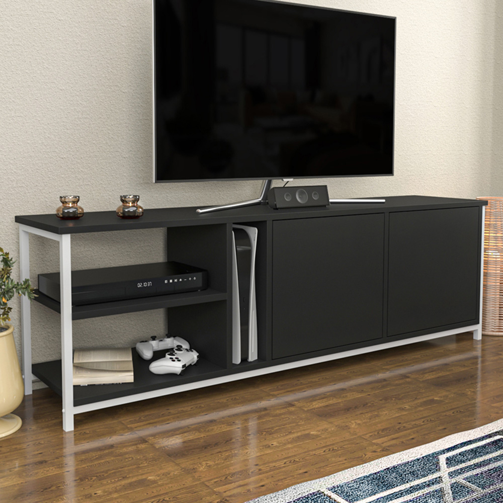 Decorotika Primrose 2 Door 3 Shelf White and Anthracite TV Stand for 72 inch TV Image 1