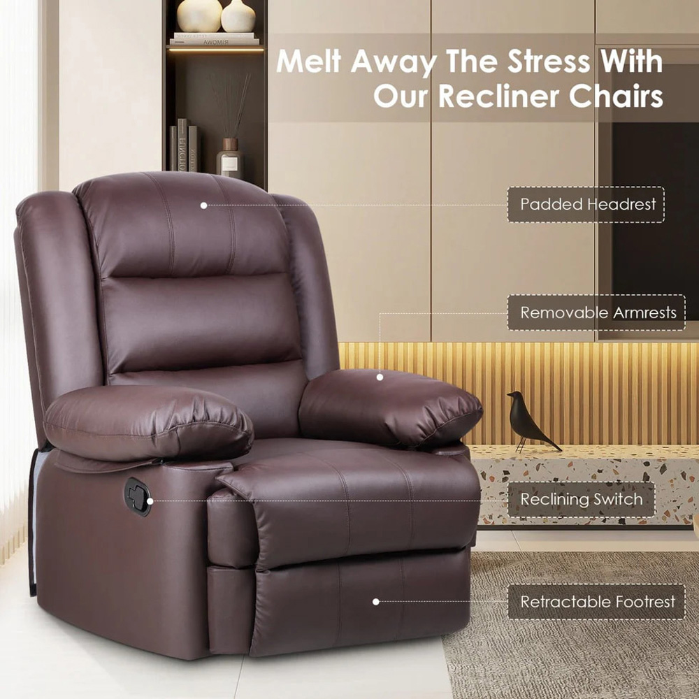 Rattrix Brown PU Leather Manual Reclining Chair with Padded Backrest and Retractable Footrest Image 3