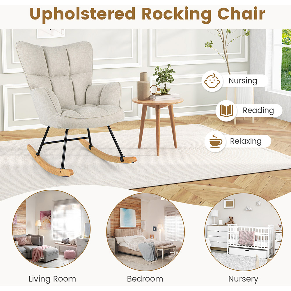 Costway Beige Linen High Backrest Nursery Rocking Chair Image 6