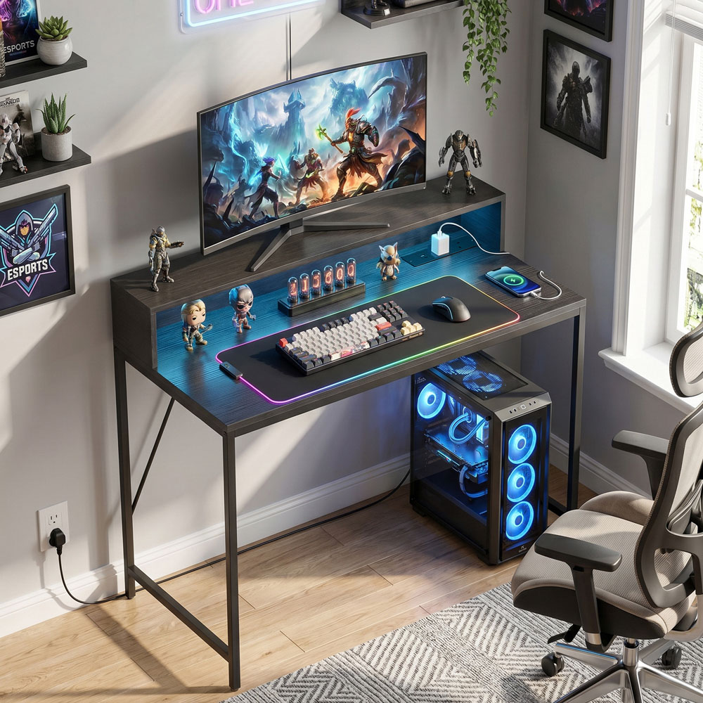 HOMCOM Gaming Desk with LED and Power Outlets Black Wood-Effect Image 2