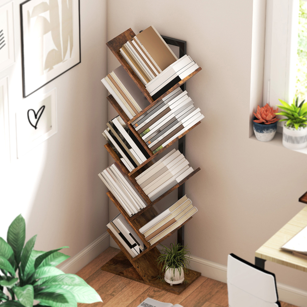 HOMCOM 8 Shelf Rustic Brown Steel Frame Tree Bookshelf Image 7