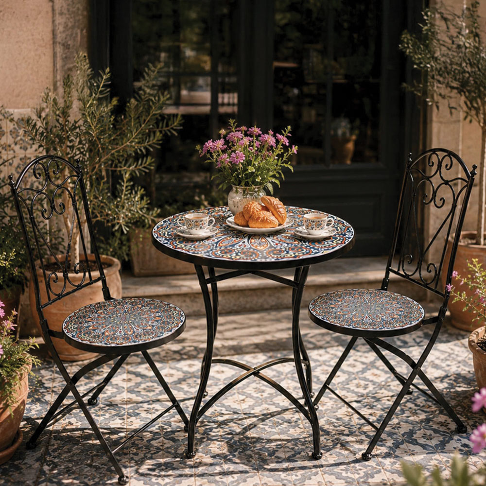 Shatchi Cairo 2 Seater Mosaic Ceramic Tile Top Foldable Bistro Set Image 1