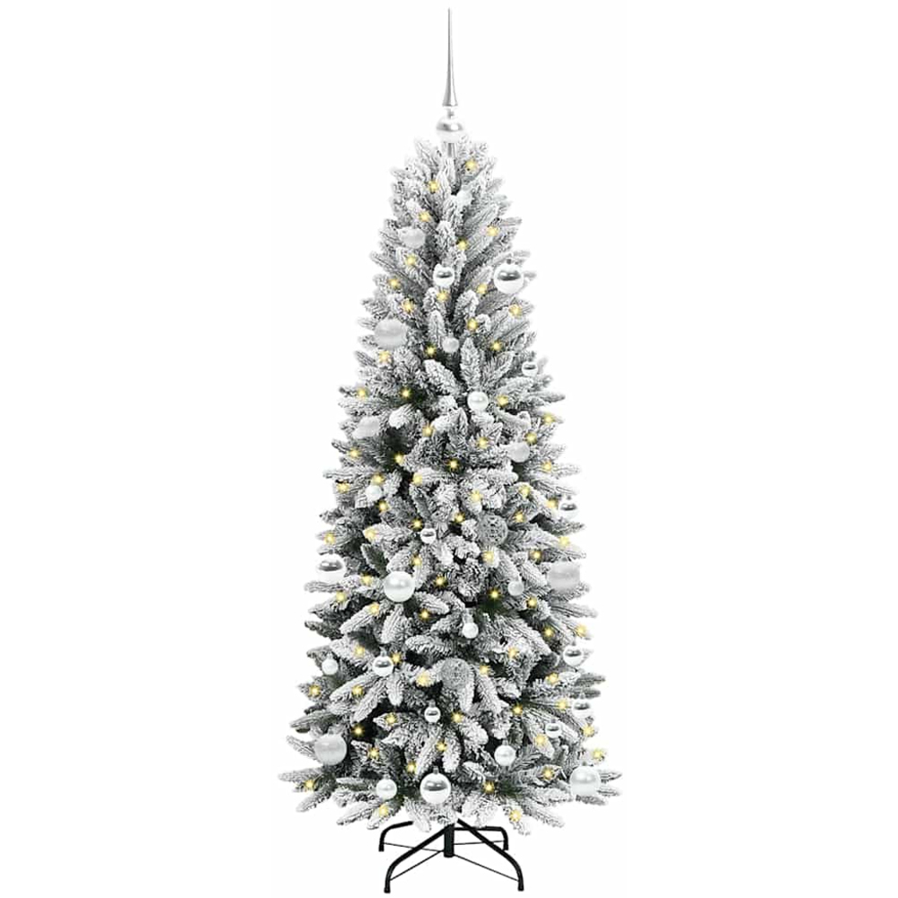 vidaXL Pre-Lit Silver Baubles Artificial Snow Flocked Christmas Tree 5ft Image 1