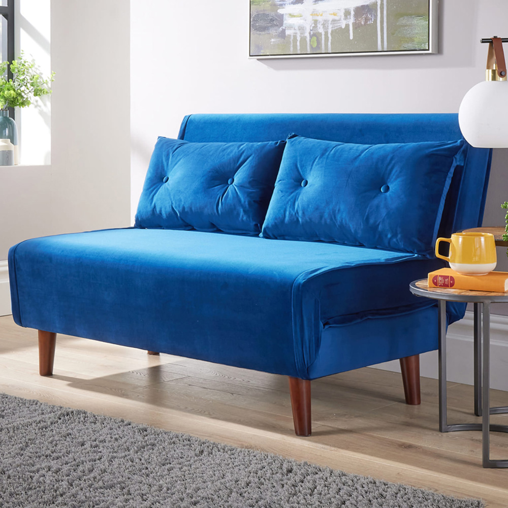 Home Source Morella 2 Seater Blue Velvet Folding Sofa Bed with Pillow Image 1