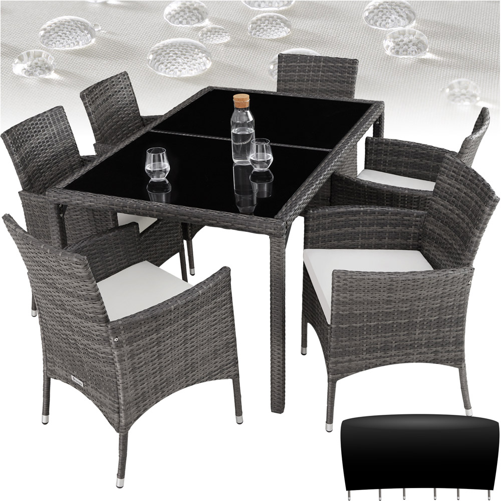 tectake Lisbon 6 Seater Rattan Garden Dining Set Grey and White Image 2