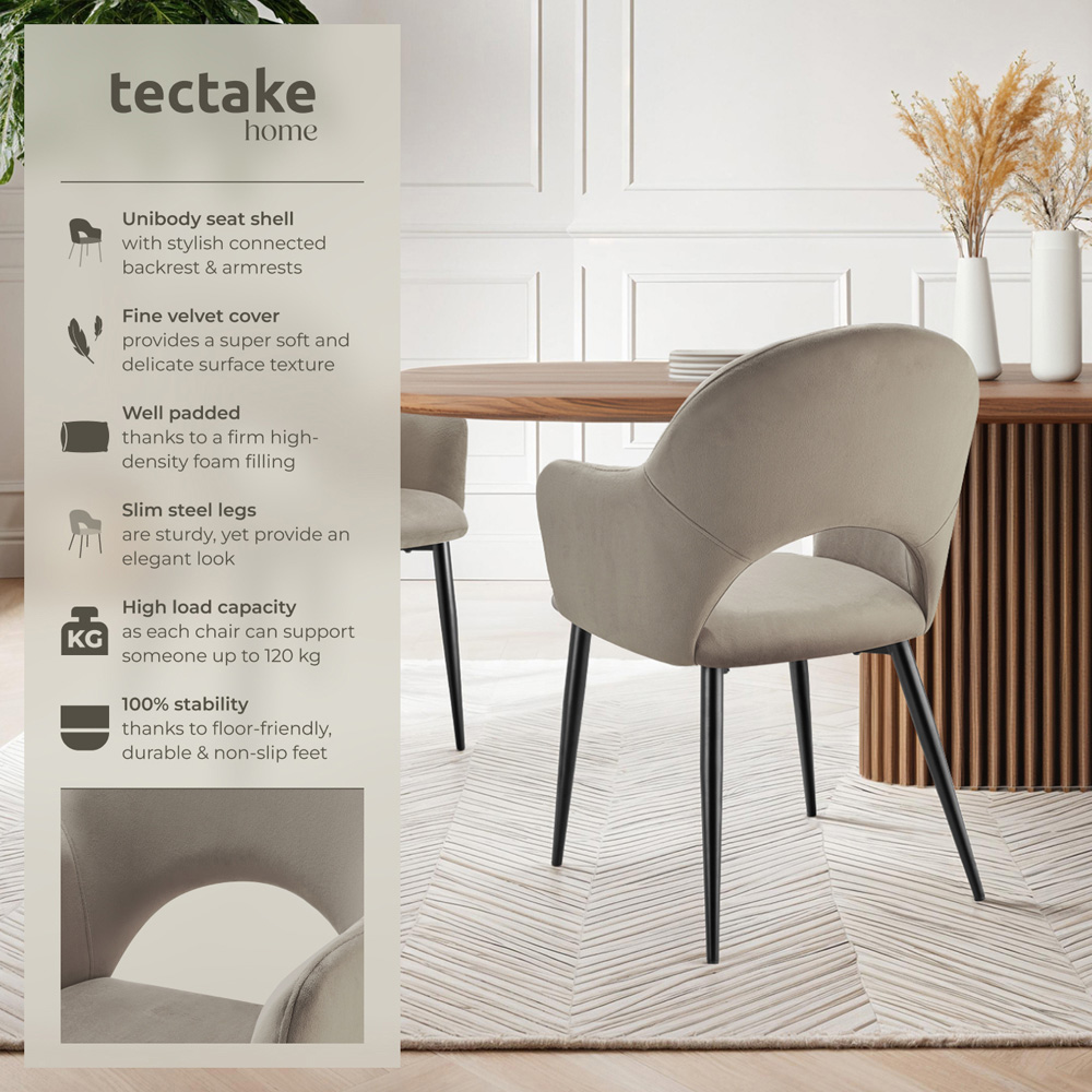 Tectake Sasha Set of 4 Taupe Velvet Padded Dining Chair Image 6