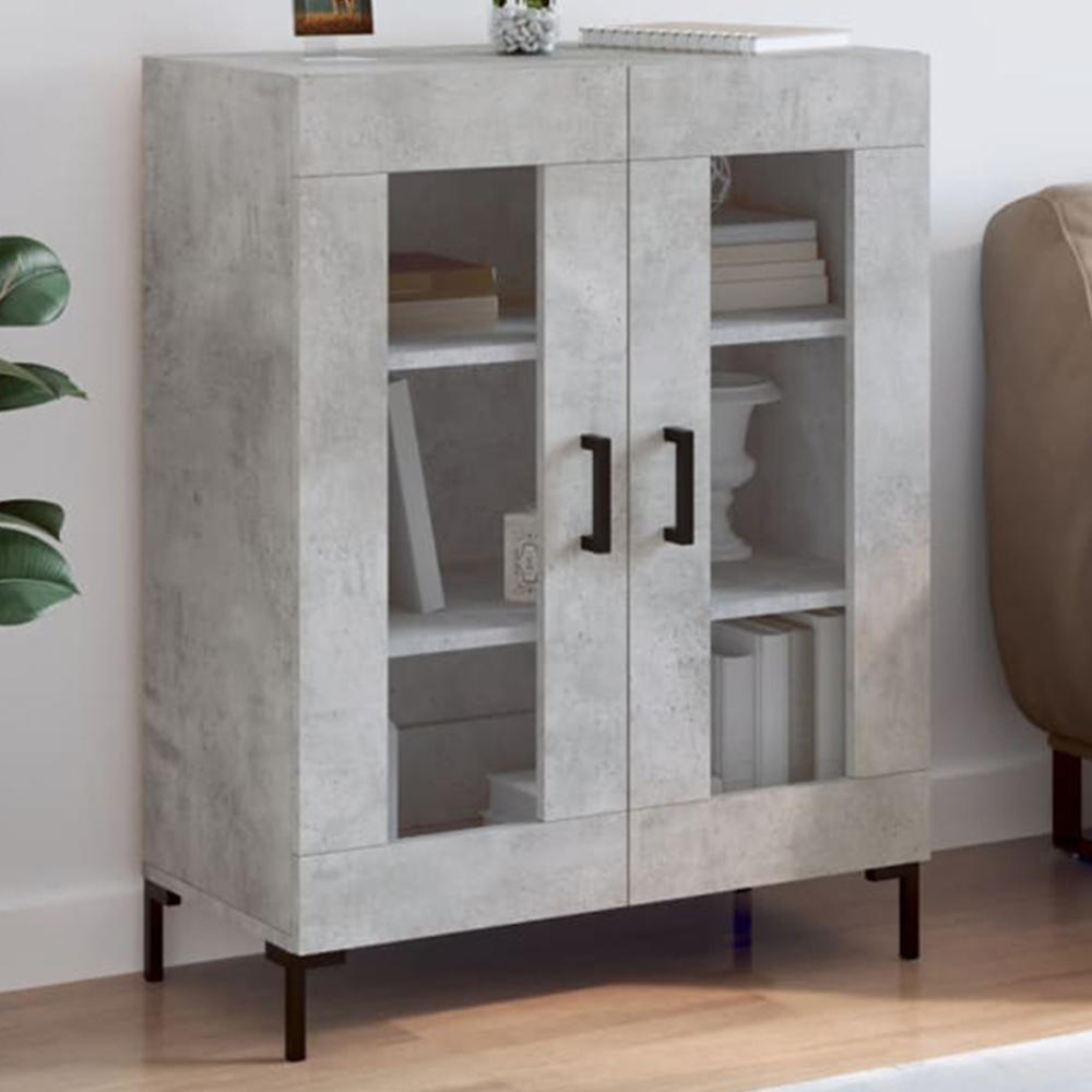 vidaXL 2 Glass Door Concrete Grey Wooden Sideboard Image 1