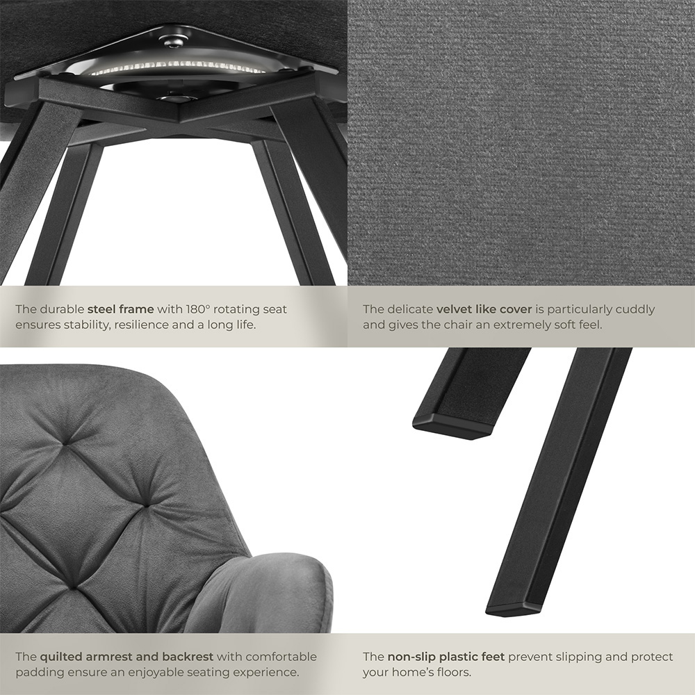 tectake Lucia Set of 6 Anthracite Quilted Pattern Velvet Swivel Armchair Image 5