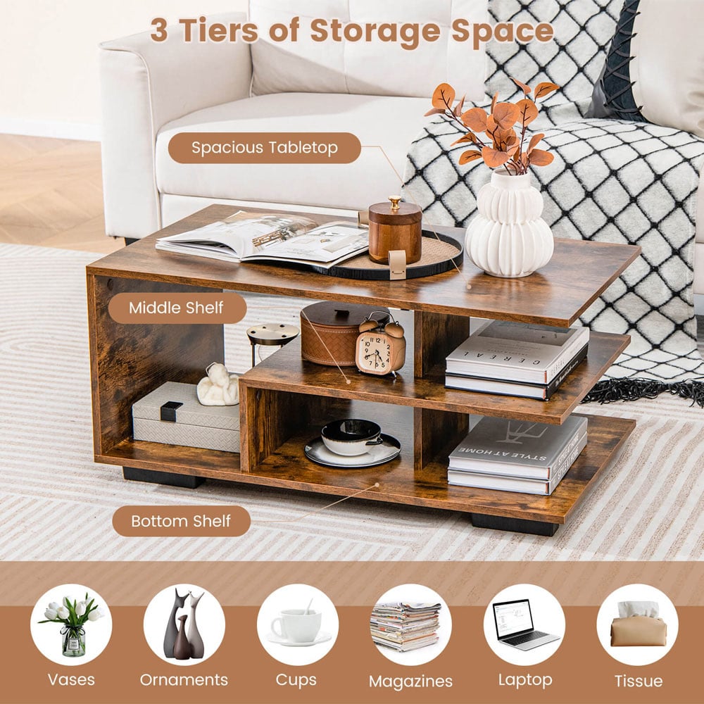 Costway 5 Shelf Rectangular Rustic Brown Coffee Table Image 5