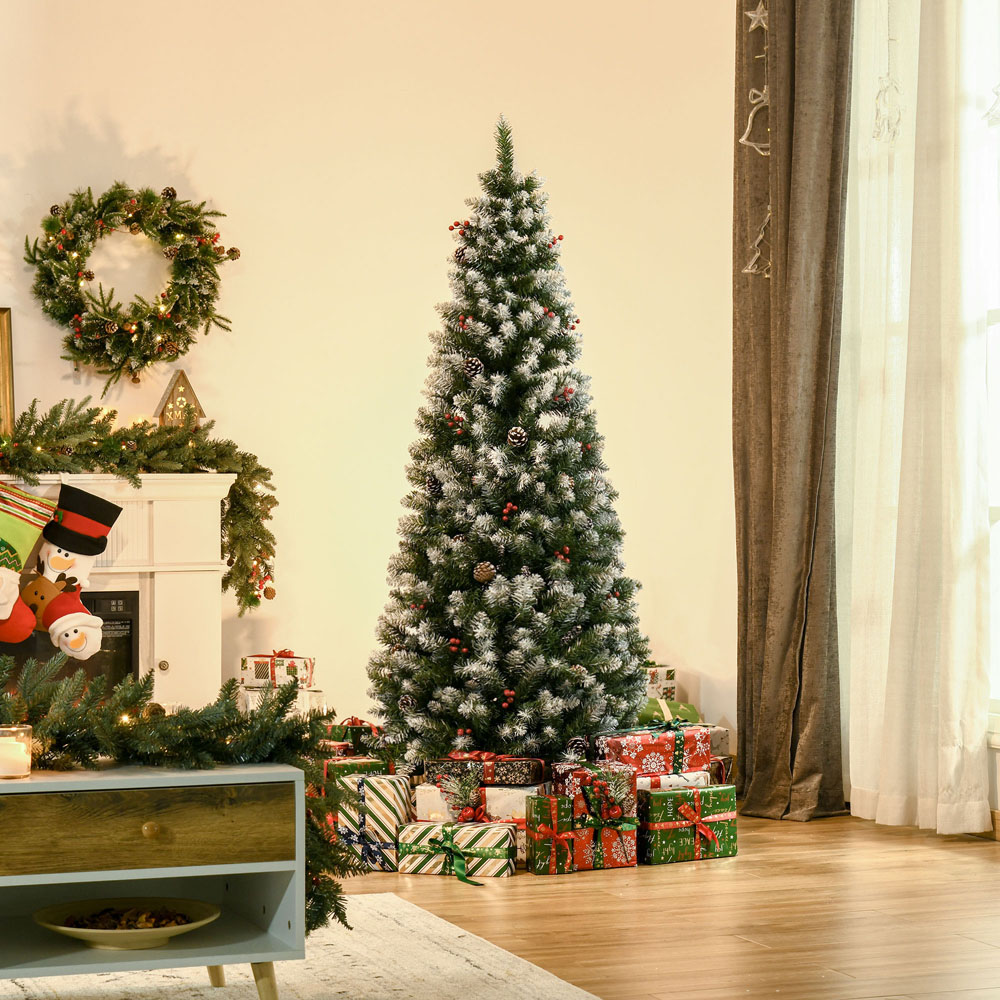 Everglow Green Pencil Artificial Christmas Tree with Red Berries and Pinecones 6ft Image 2