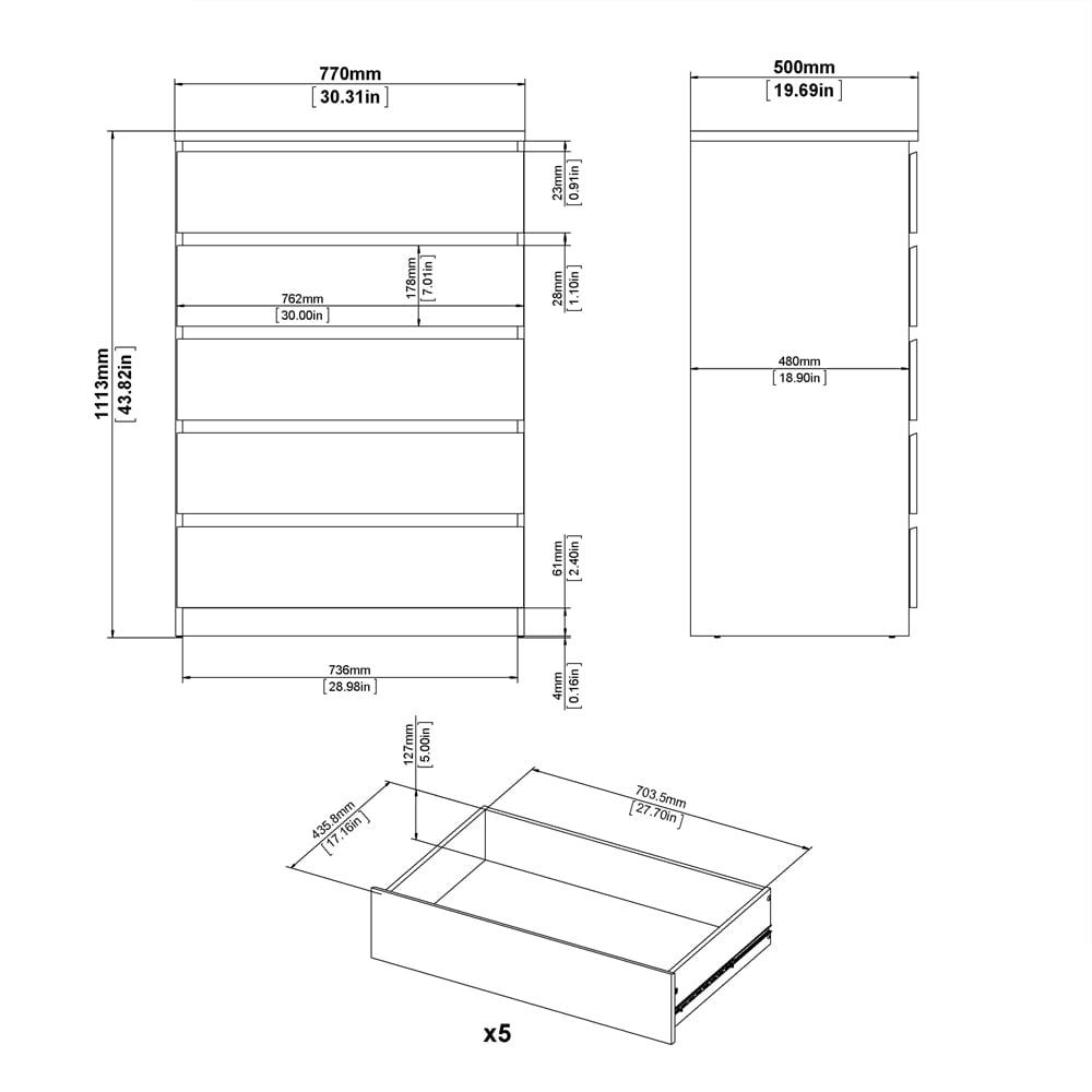 Florence 5 Drawer Matt Black Chest of Drawers Image 9