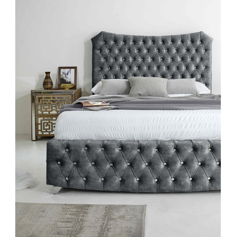 Eleganza Valentino King Size Silver Marble Fabric Bed with Chesterfield Headboard and Footboard Image 6