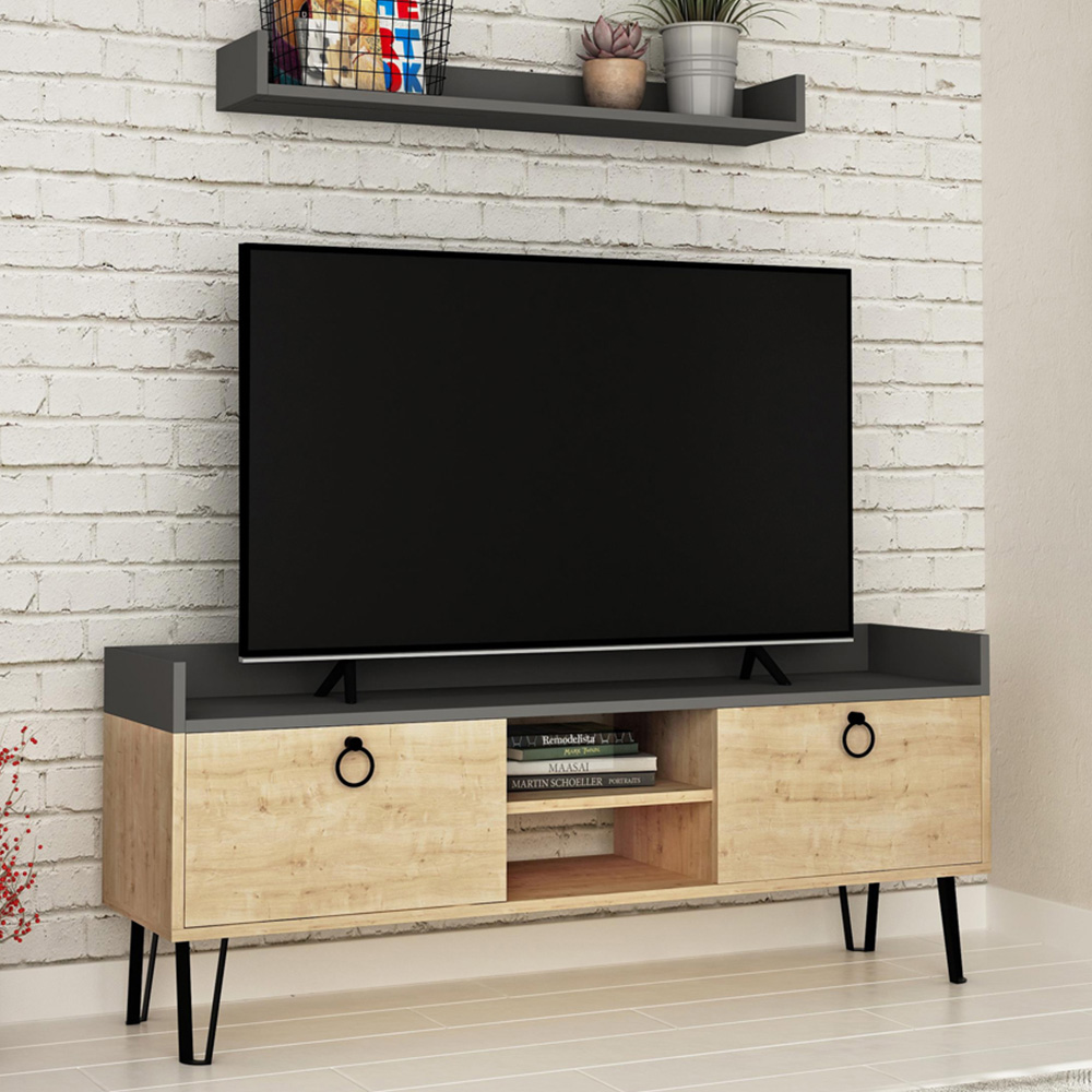 Decortie Keday 2 Door 2 Shelf Sapphire Oak TV Stand with Floating Shelf Image 1