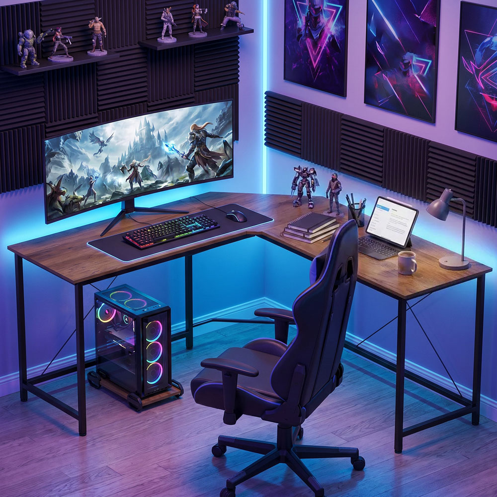 HOMCOM Industrial-Style L-Shaped Corner Computer Desk Wood-Effect Image 3