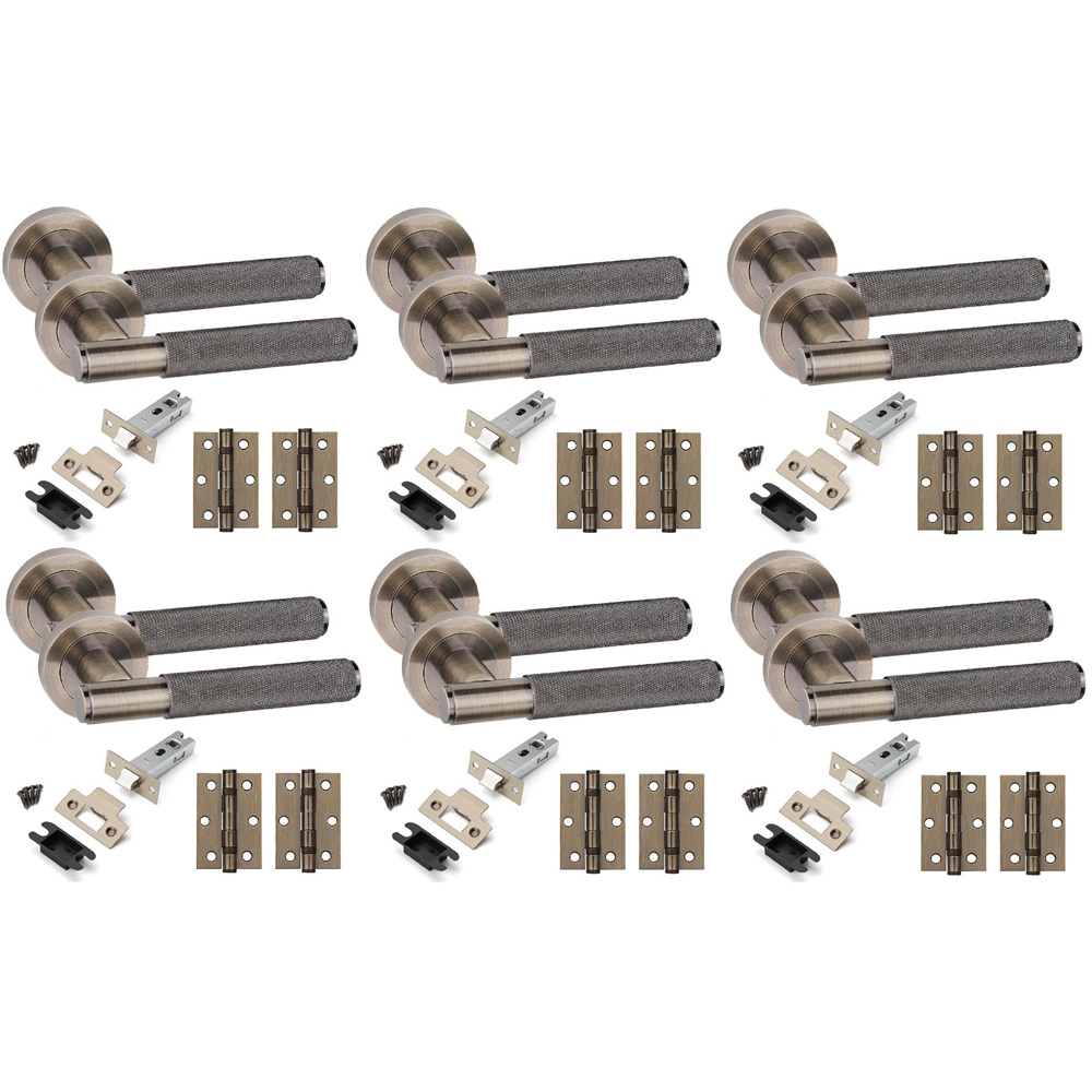 Golden Grace Straight T-Bar Knurled Antique Brass Door Handles and Hinges Set 6 Pack Image 1