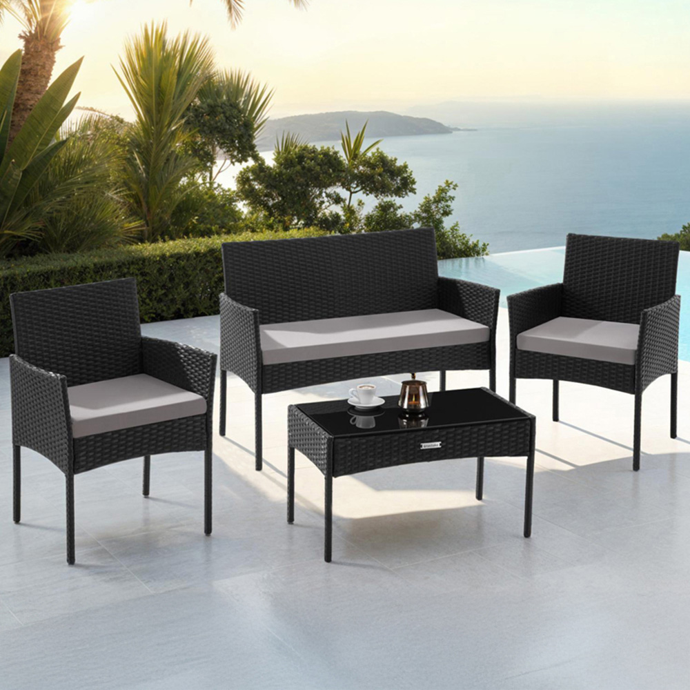 tectake Palese 4 Seater Black Rattan Garden Sofa Set Image 1