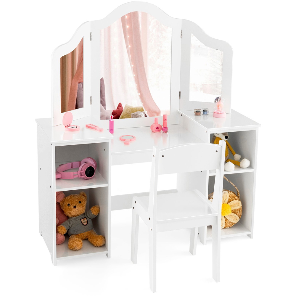 Costway 4 Shelf Kids White Vanity Table and Chair Set with Mirror Image 2