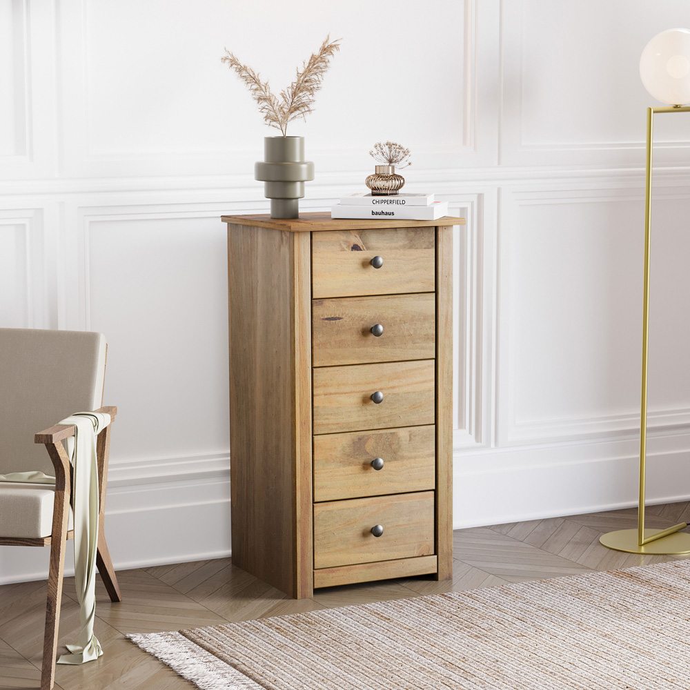 Vida Designs Panama 5 Drawer Pine Narrow Chest of Drawers Image 4