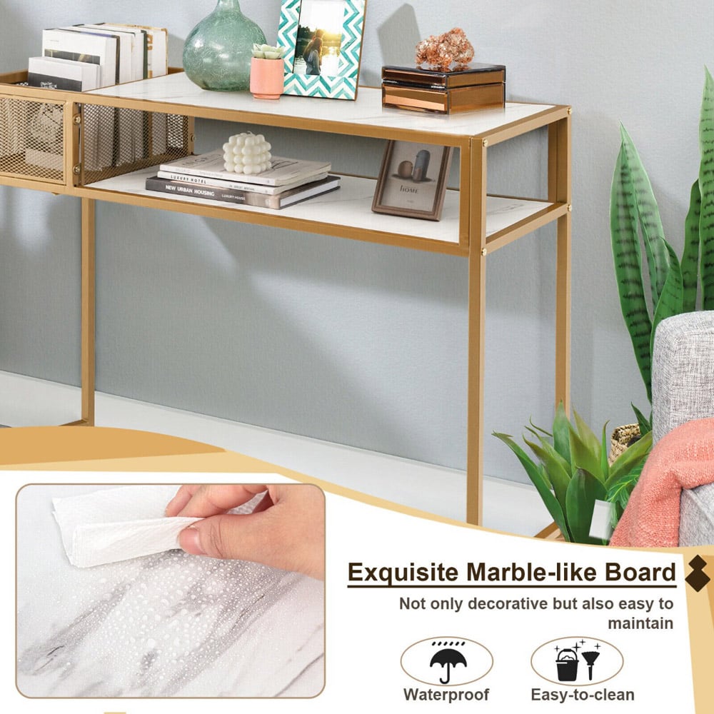Costway Single Shelf White Faux Marble Narrow Console Table with Mesh Basket Image 7