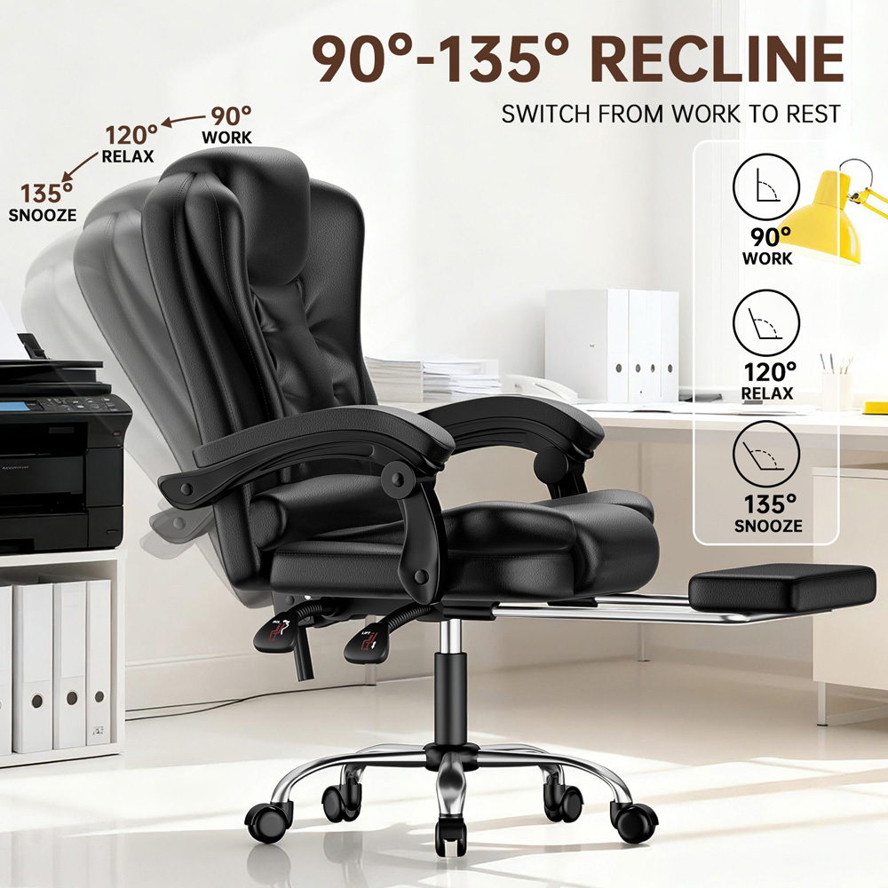 Rattrix Black PU Leather Reclining Swivel Office Chair with Footrest and Lumbar Support Image 3