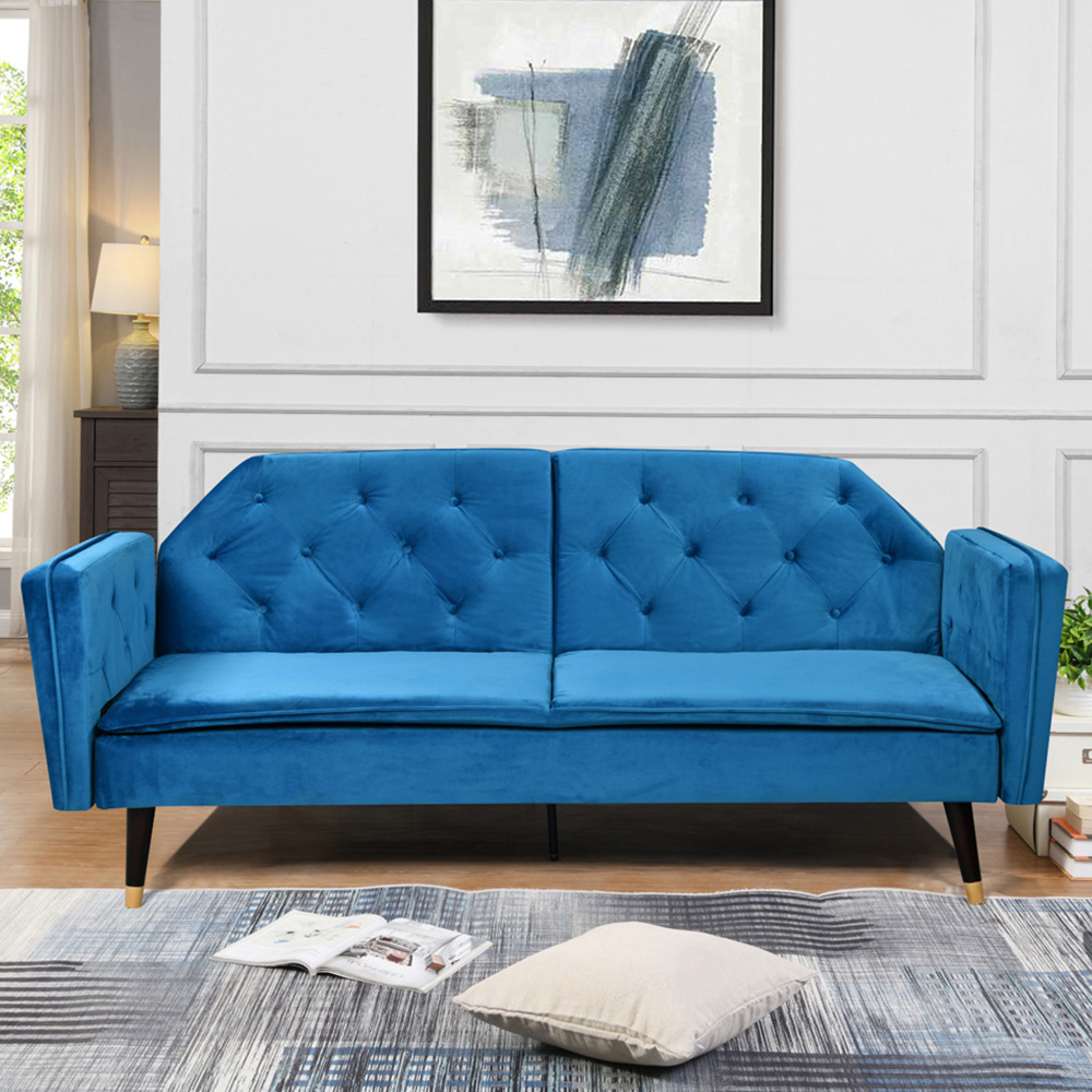 Comfy Living 3 Seater Blue and Gold Plush Velvet Tufted Sofa Bed Image 1