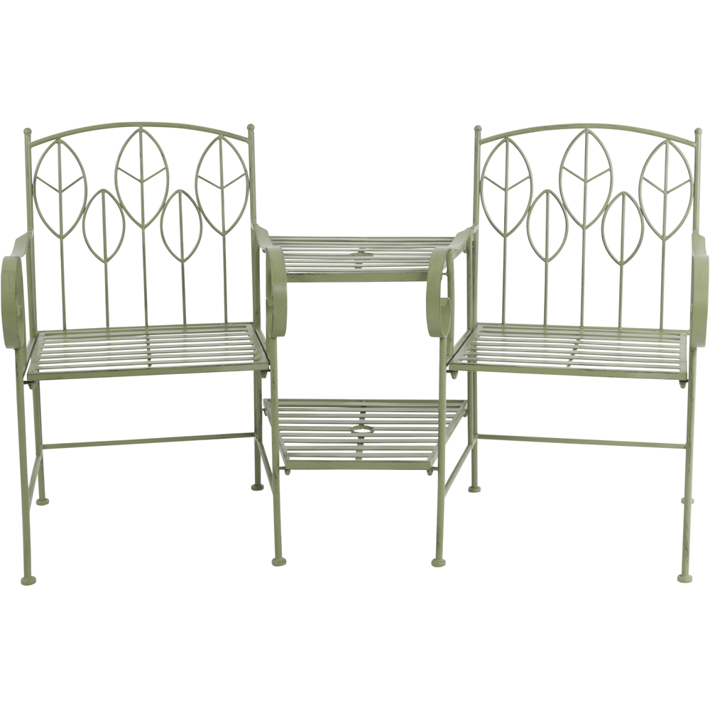 Charles Bentley 2 Seater Sage Green Rustic Metal Leaf Pattern Garden Companion Seat Image 3