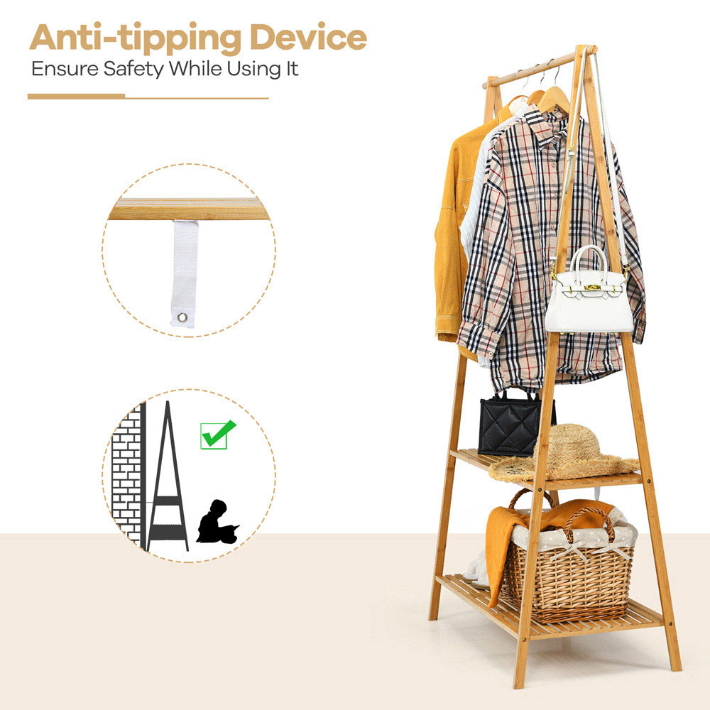 Costway 2 Shelf Natural Bamboo Clothing Rack with Hanging Rod Image 7