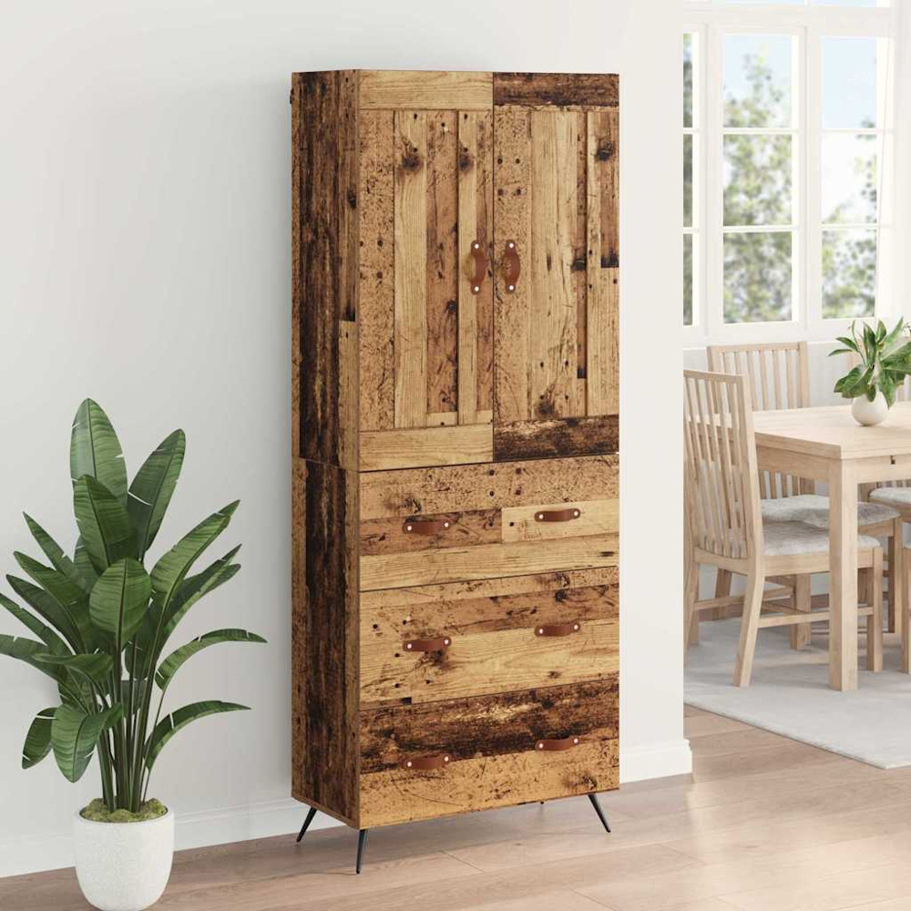vidaXL 2 Door 3 Drawer Old Wood Slim Highboard with Metal Legs Image 4