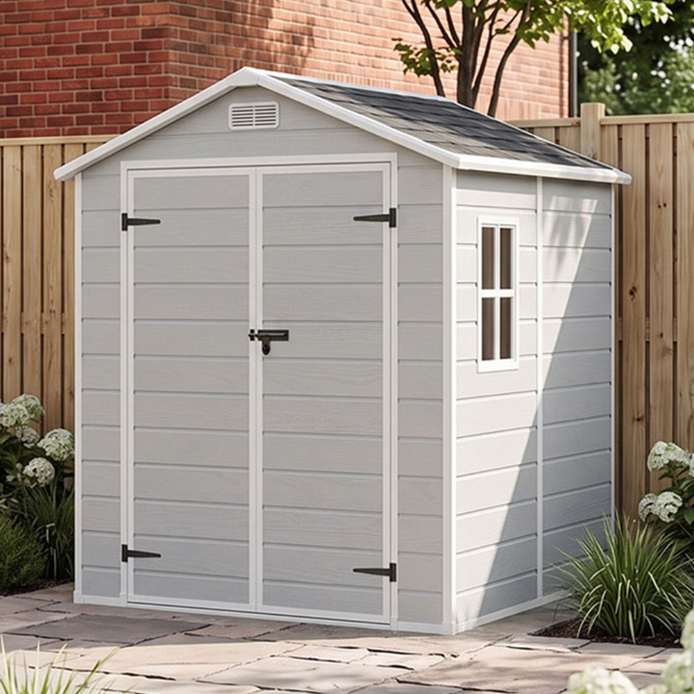 Living and Home 6 x 6ft Smokey Grey Wood Grain Plastic Garden Storage Shed Image 1